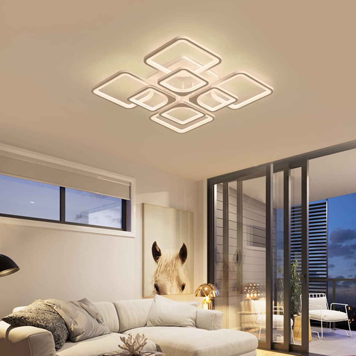 Modern living room with a stylish ceiling light fixture eight square pattern design