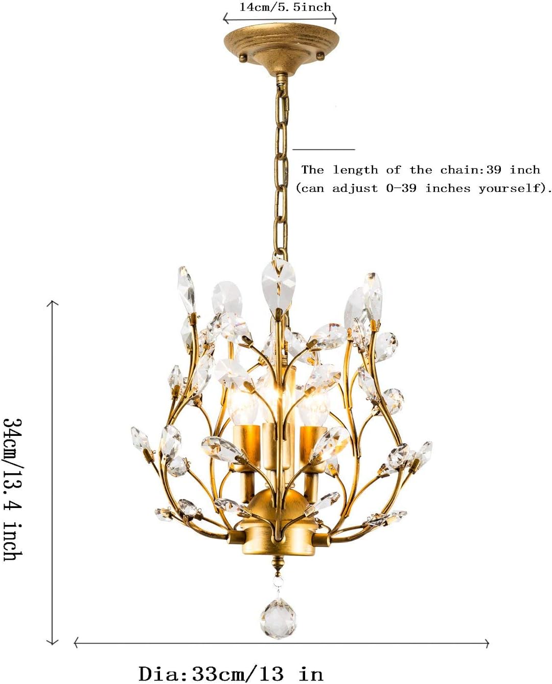 Vintage Style Chandelier 3 Lights Gold Coloured Finish