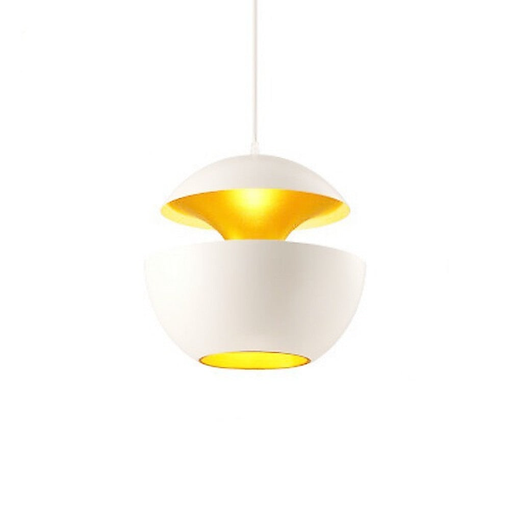 Modern pendant light with white and gold design on a white background
