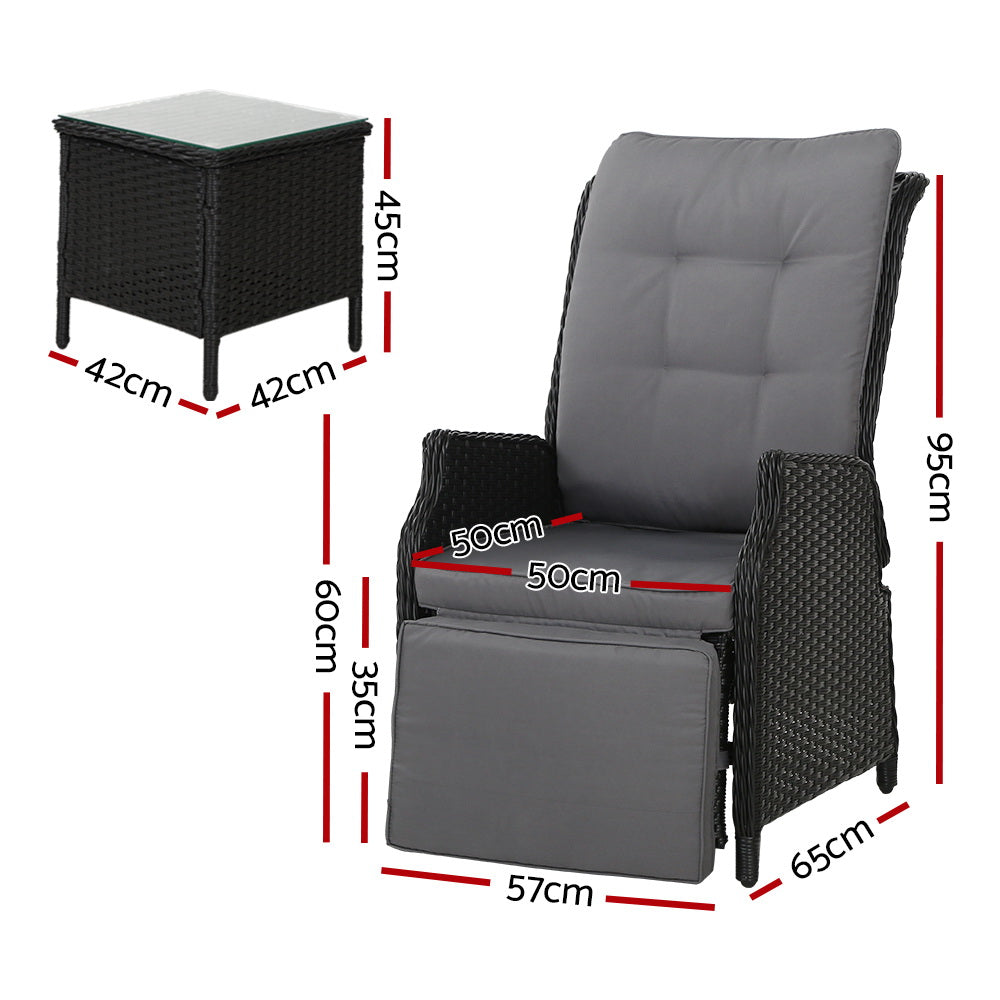Gardeon 3 Piece Wicker Recliner Setting Black Grey