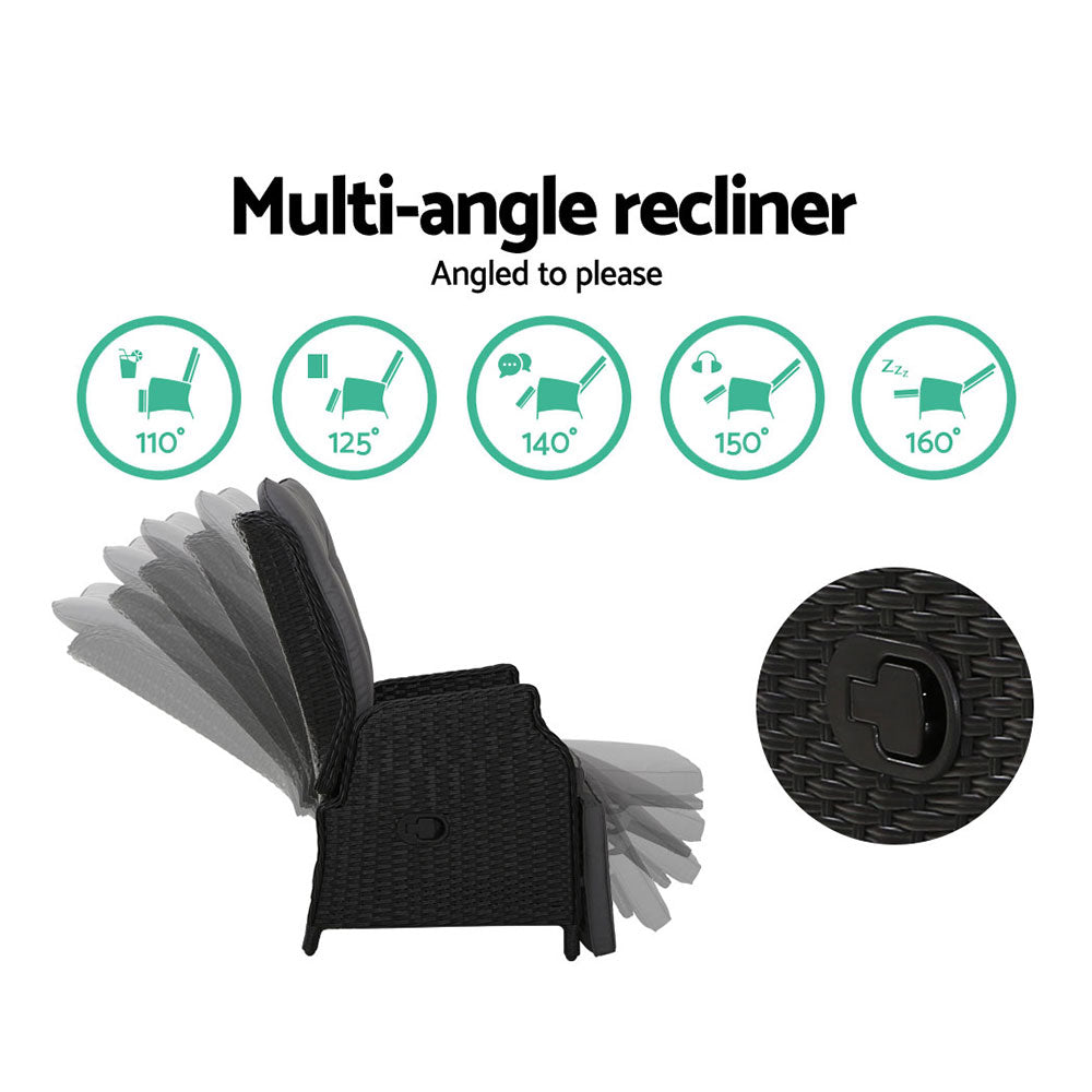 Gardeon 3 Piece Wicker Recliner Setting Black Grey