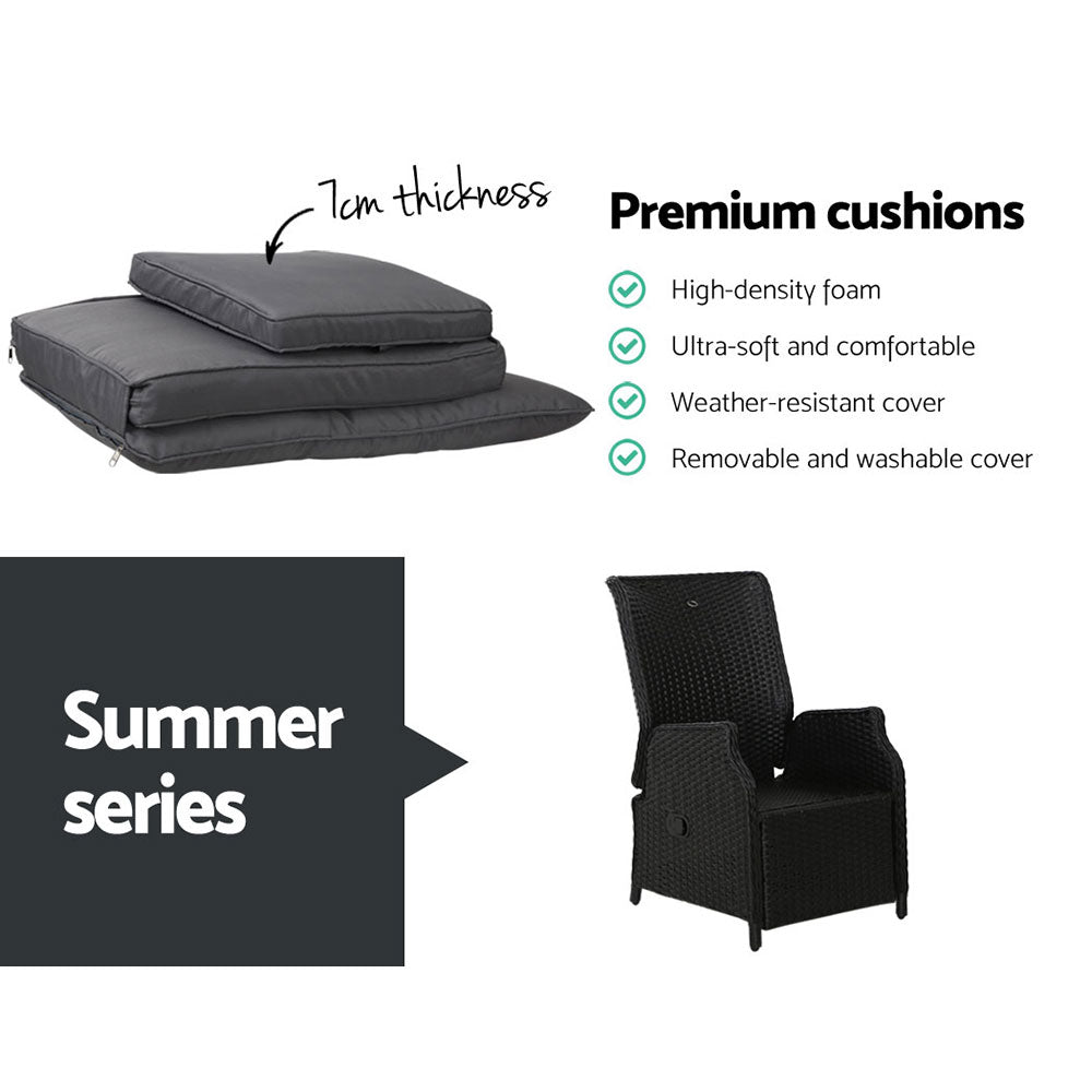 Gardeon 3 Piece Wicker Recliner Setting Black Grey