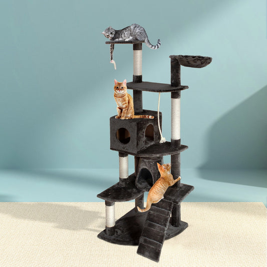 Cat tree with multiple cats on a plain background