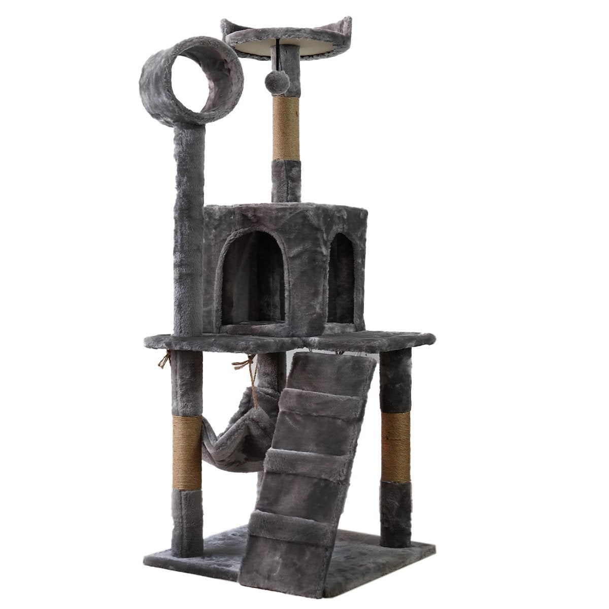 Gray cat tree with multiple levels, a hammock, and climbing features on a white background
