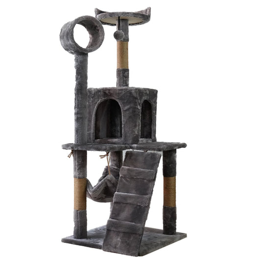 Gray cat tree with multiple levels, a hammock, and climbing features on a white background