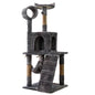 Gray cat tree with multiple levels, a hammock, and climbing features on a white background