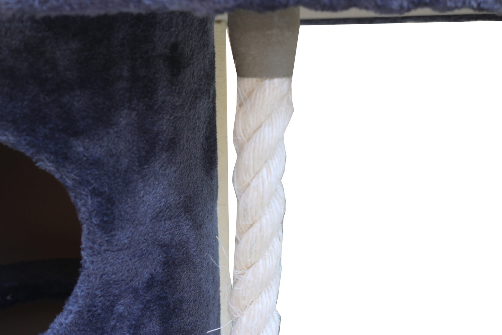 Gray cat tree with a rope climbing toy on a white background