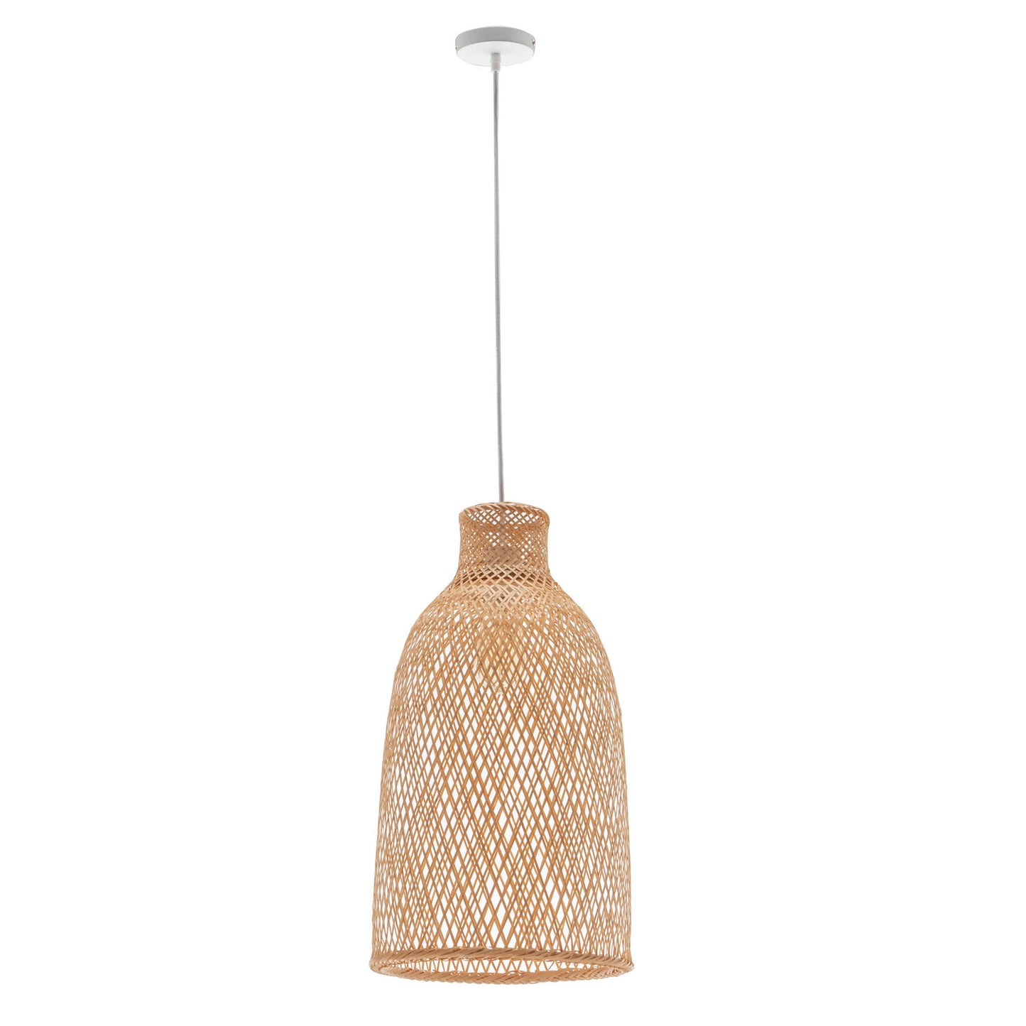 Woven rattan pendant light on a white background