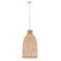 Woven rattan pendant light on a white background