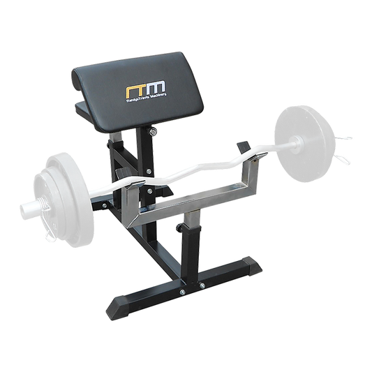 Weight bench with weight plates on a white background