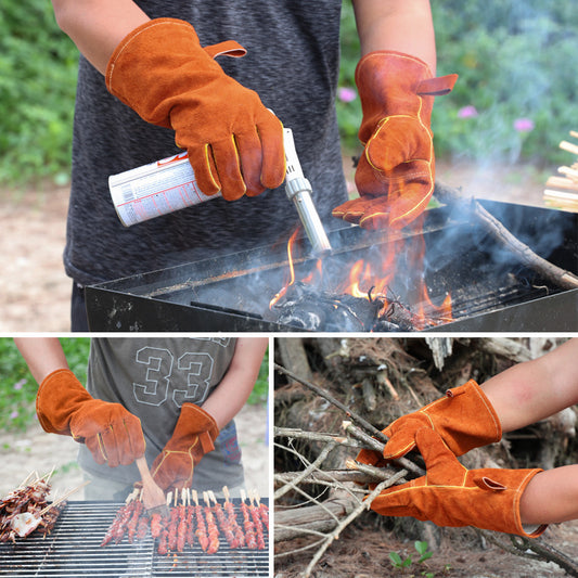 Coffee 14-Inch Premium Leather BBQ Gloves - Heat-Resistant Up to 500°C