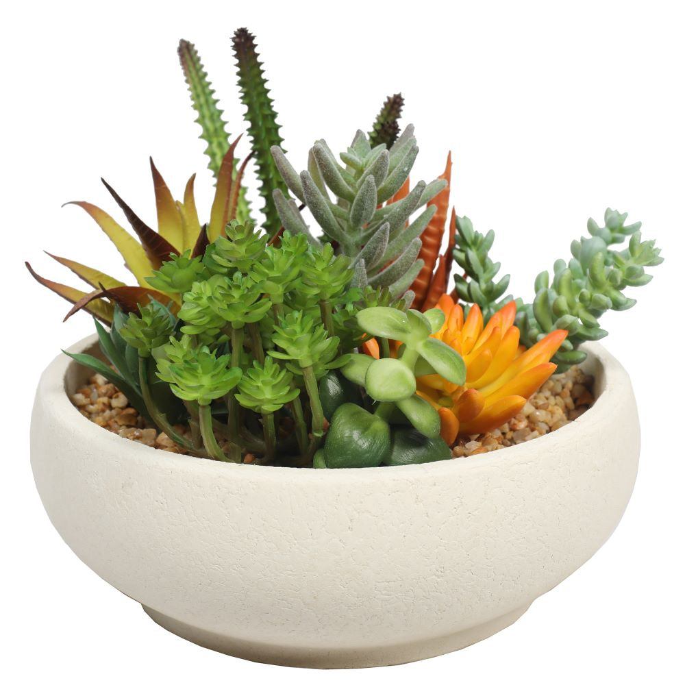 Artificial Succulents Natural Stone Look Ceramic Bowl 21cm