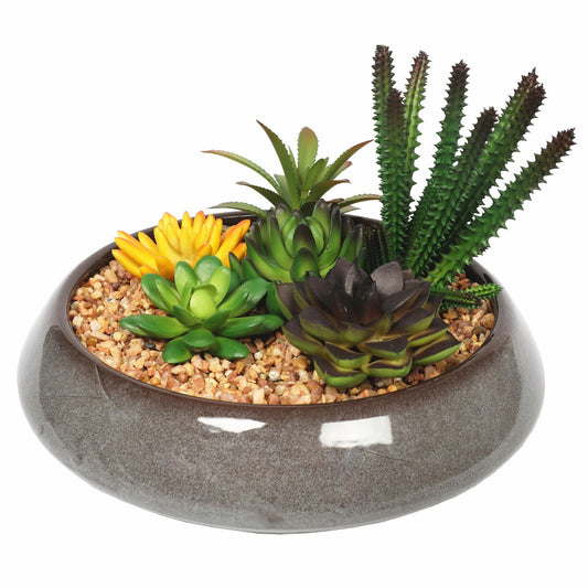 Artificial Succulents Grey Enamel Bowl 19cm