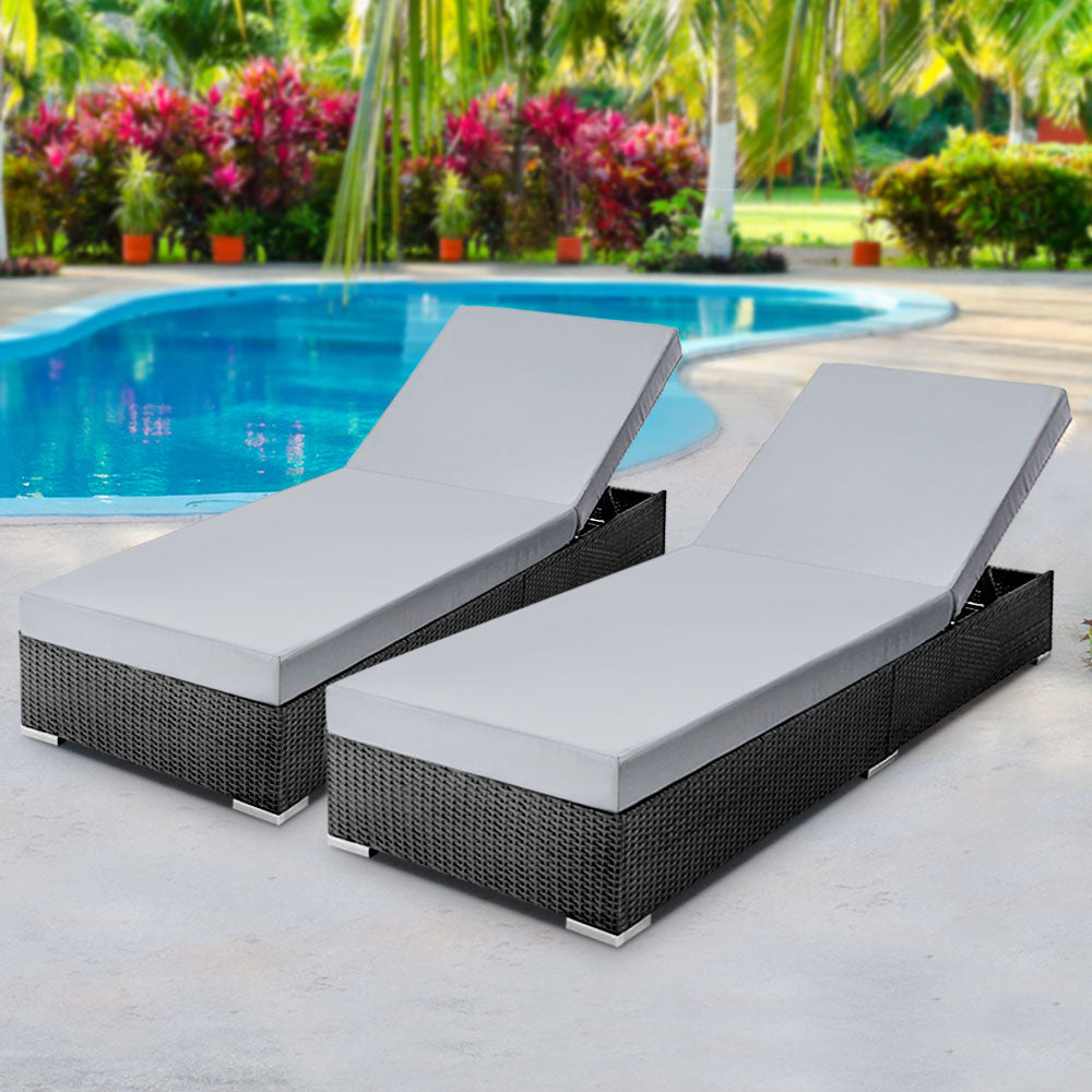 Gardeon Set of 2 Wicker sun Lounges Black Grey