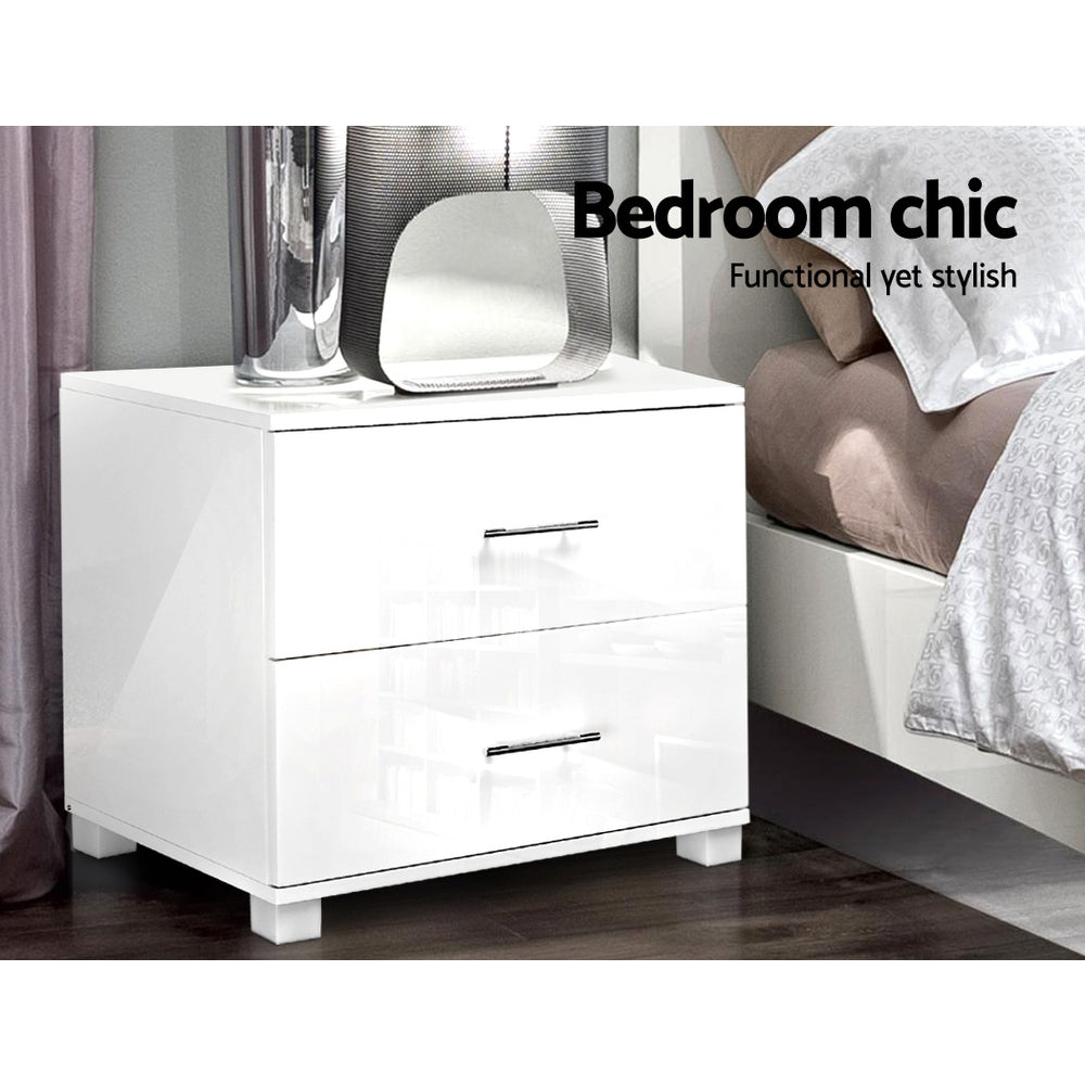 Artiss High Gloss Two Drawer Bedside Table White