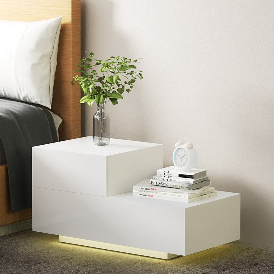 Artiss Bedside Table LED Base Gloss White