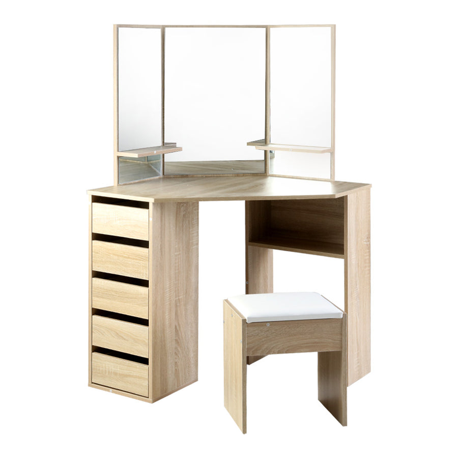 Artiss Corner Dressing Table - 5 drawers - Oak colour