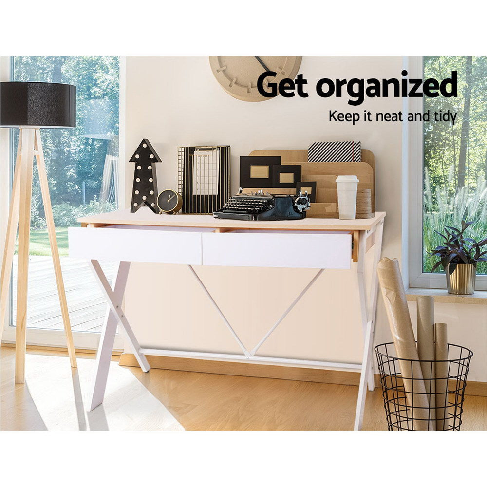 Artiss Metal Desk with Drawer - White with Oak Top