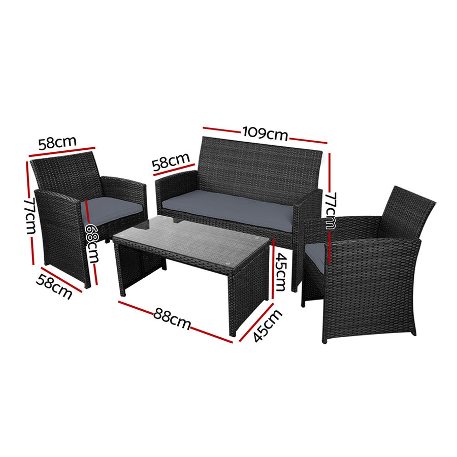 Gardeon Rattan 4 Piece Lounge Setting Black