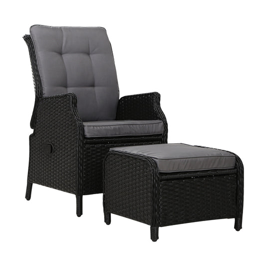 Gardeon Wicker Recliner Chair & Leg Rest Black Grey