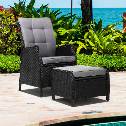 Gardeon Wicker Recliner Chair & Leg Rest Black Grey