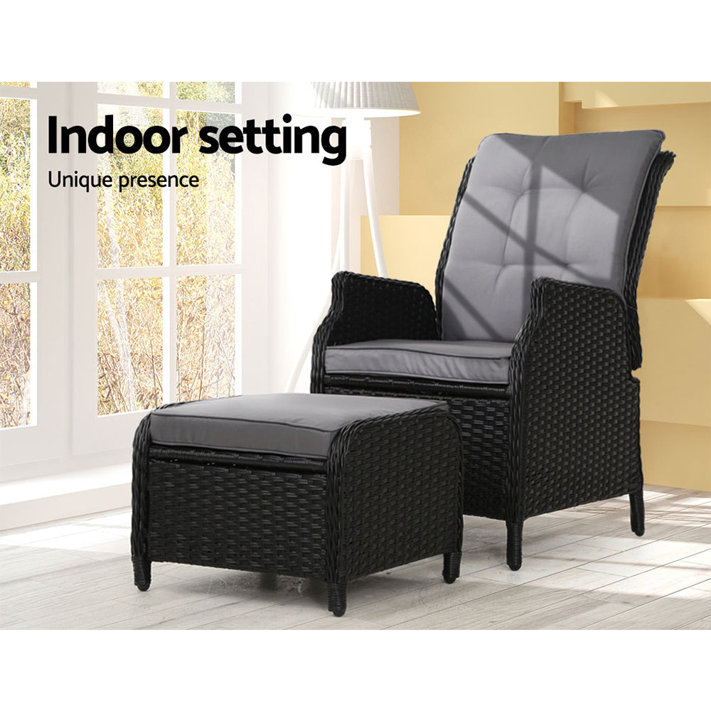 Gardeon Wicker Recliner Chair & Leg Rest Black Grey