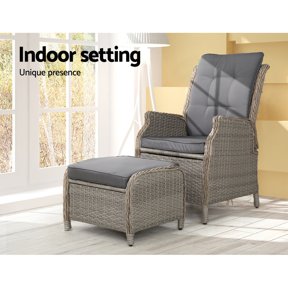 Gardeon Wicker Recliner Chair & Leg Rest Grey