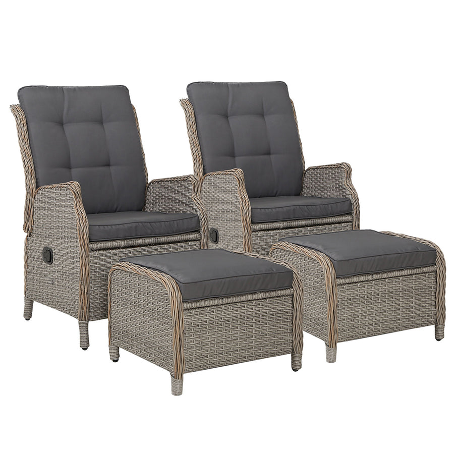 Gardeon 4 Piece Wicker Recliner Setting Brown Grey