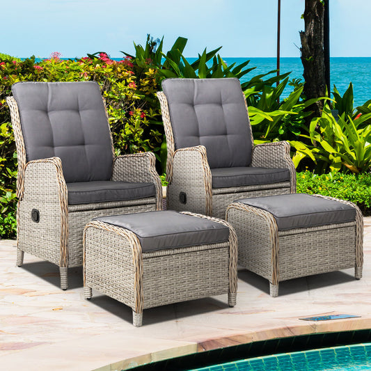 Gardeon 4 Piece Wicker Recliner Setting Brown Grey