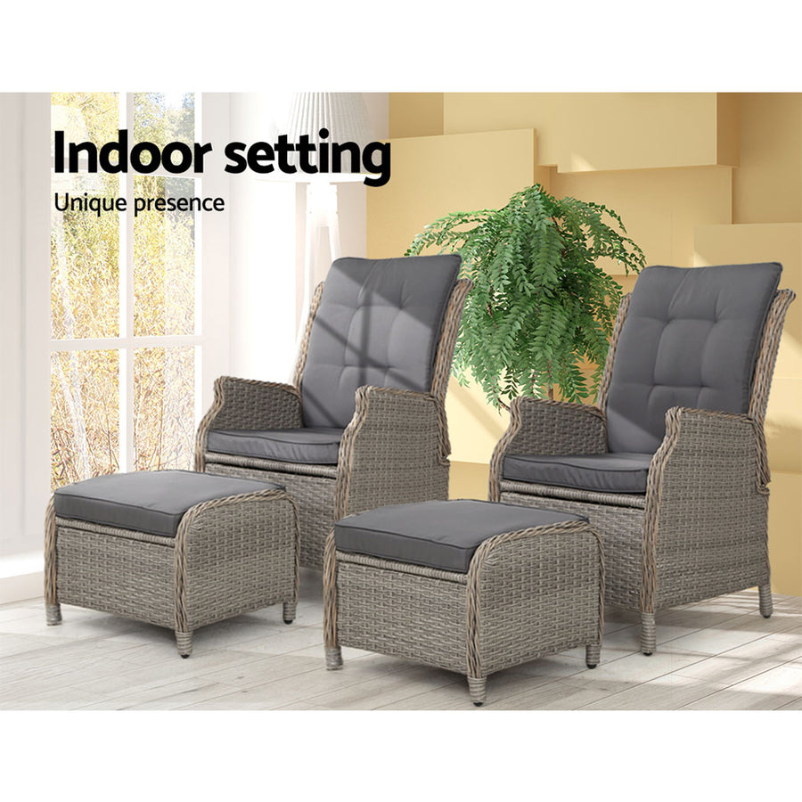 Gardeon 4 Piece Wicker Recliner Setting Brown Grey