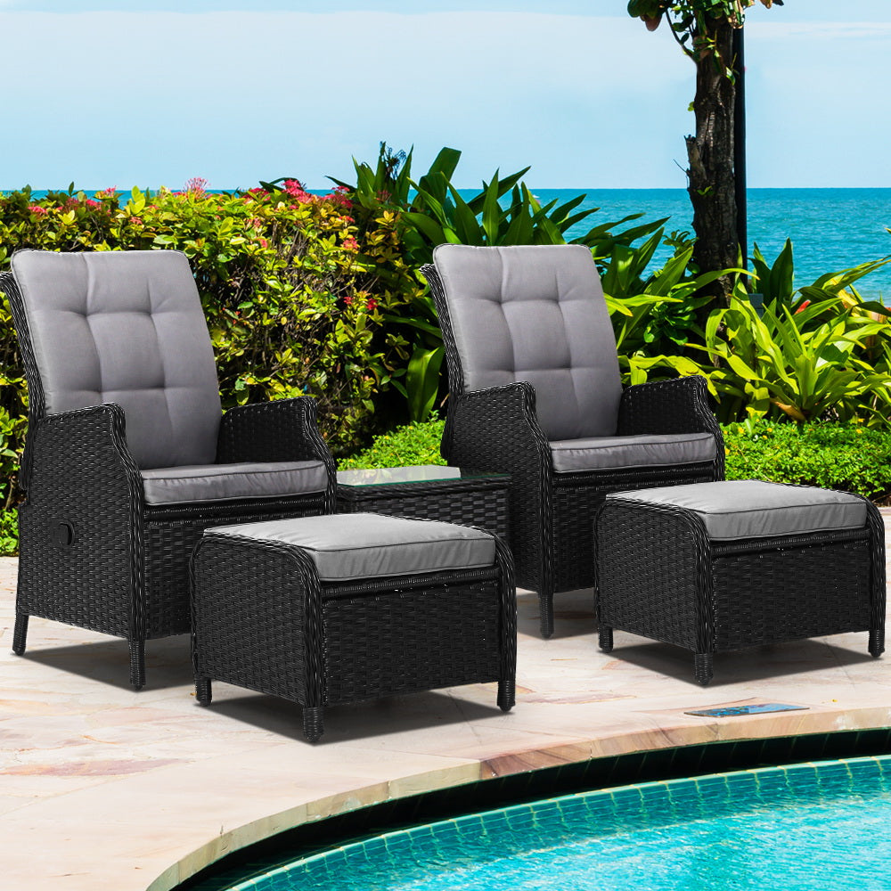 Gardeon 5 Piece Wicker recliner Setting Black