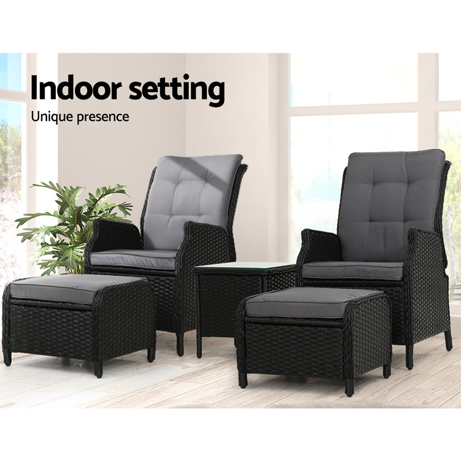 Gardeon 5 Piece Wicker recliner Setting Black