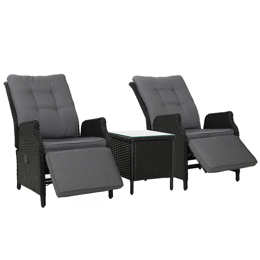 Gardeon 3 Piece Wicker Recliner Setting Black Grey