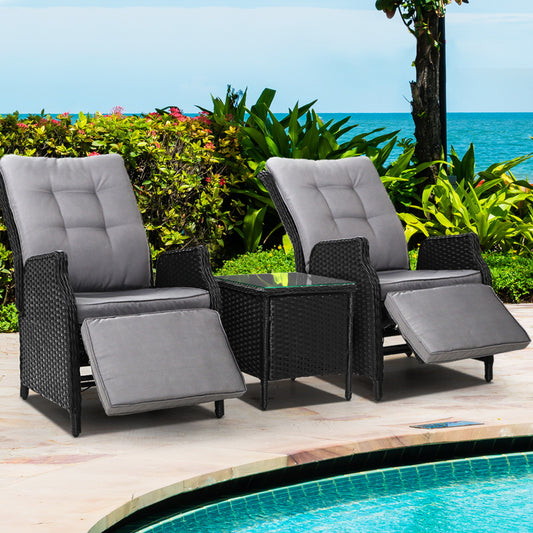 Gardeon 3 Piece Wicker Recliner Setting Black Grey