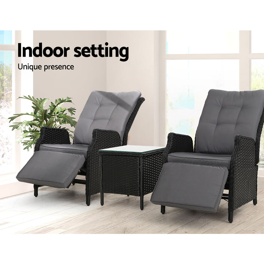 Gardeon 3 Piece Wicker Recliner Setting Black Grey