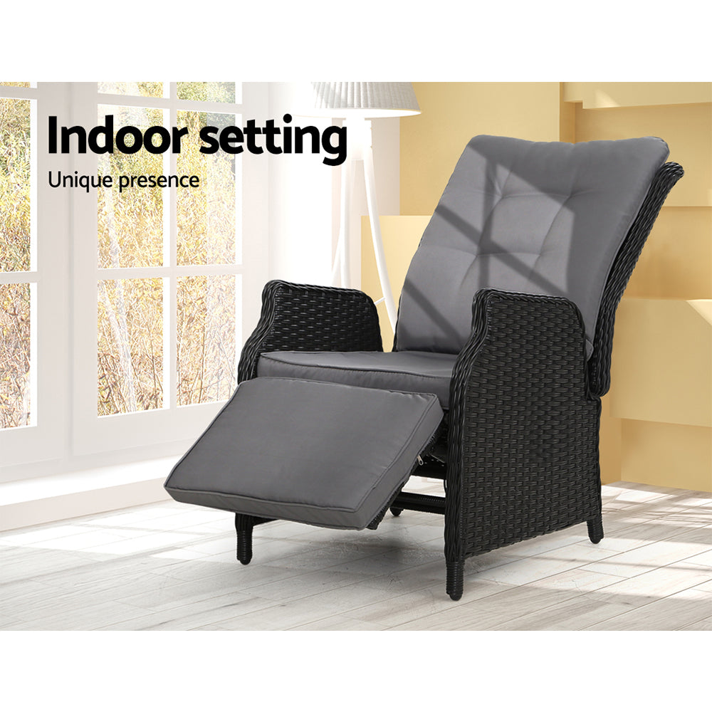 Gardeon Wicker Recliner Chair Black Grey