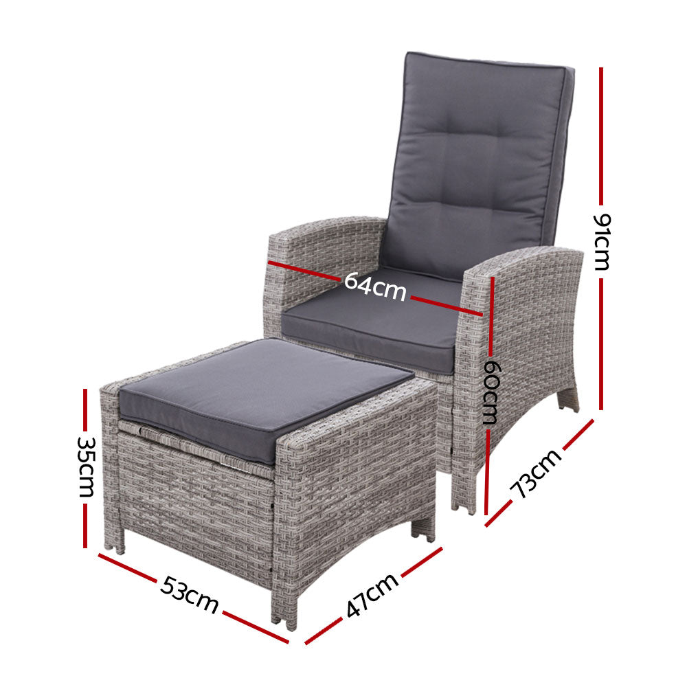 Gardeon 4 Piece Wicker Recliner Setting Light Grey