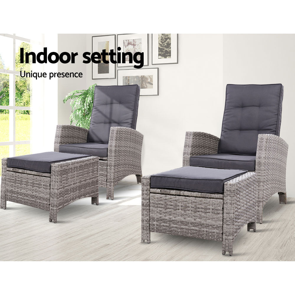 Gardeon 4 Piece Wicker Recliner Setting Light Grey