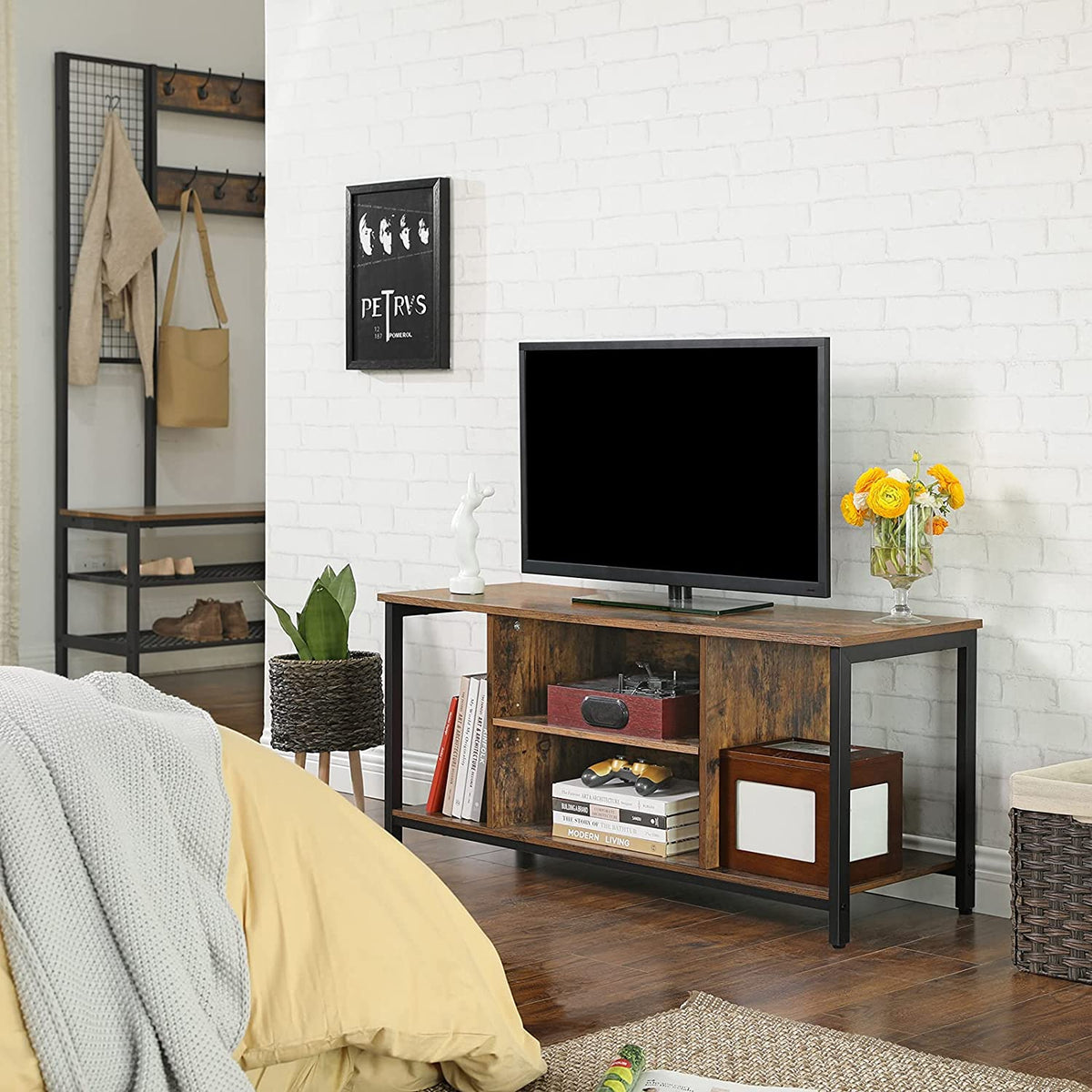 TV Console Open Storage Brown Black 110cm