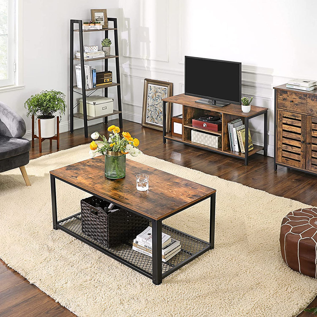 TV Console Open Storage Brown Black 110cm