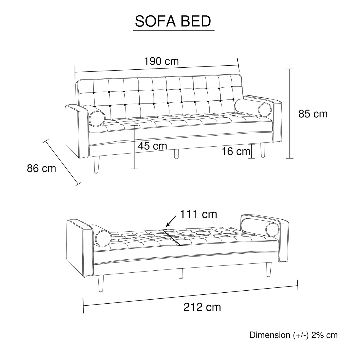 3 Seater Fabric Button Tufted Sofa Bed Beige