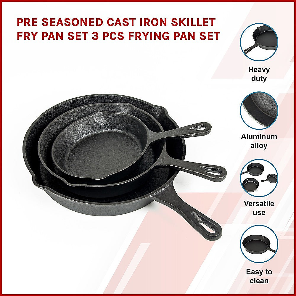 3 Piece Pre Seasoned Cast Iron Fry Pan Set