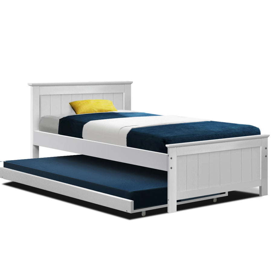 Artiss Wooden Trundle Bed Frame King Single -  White