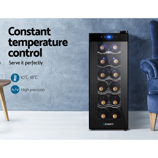 Devanti 12-Bottle Wine Cooler - Adjustable Thermostat & UV Glass Door