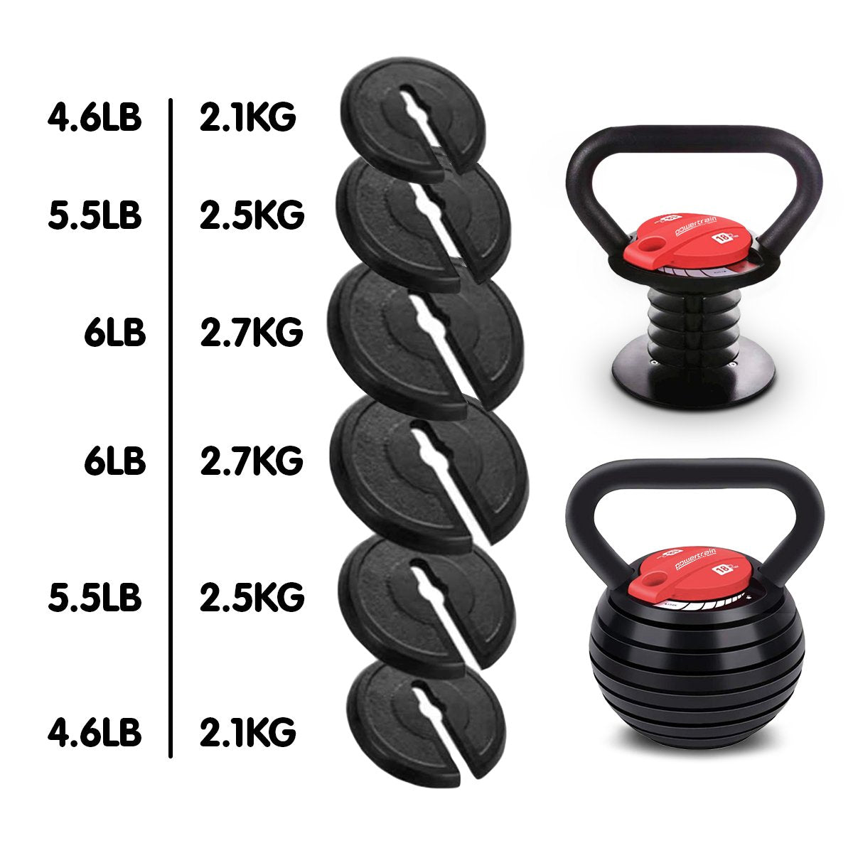 2x Powertrain Adjustable Kettlebells 18kg