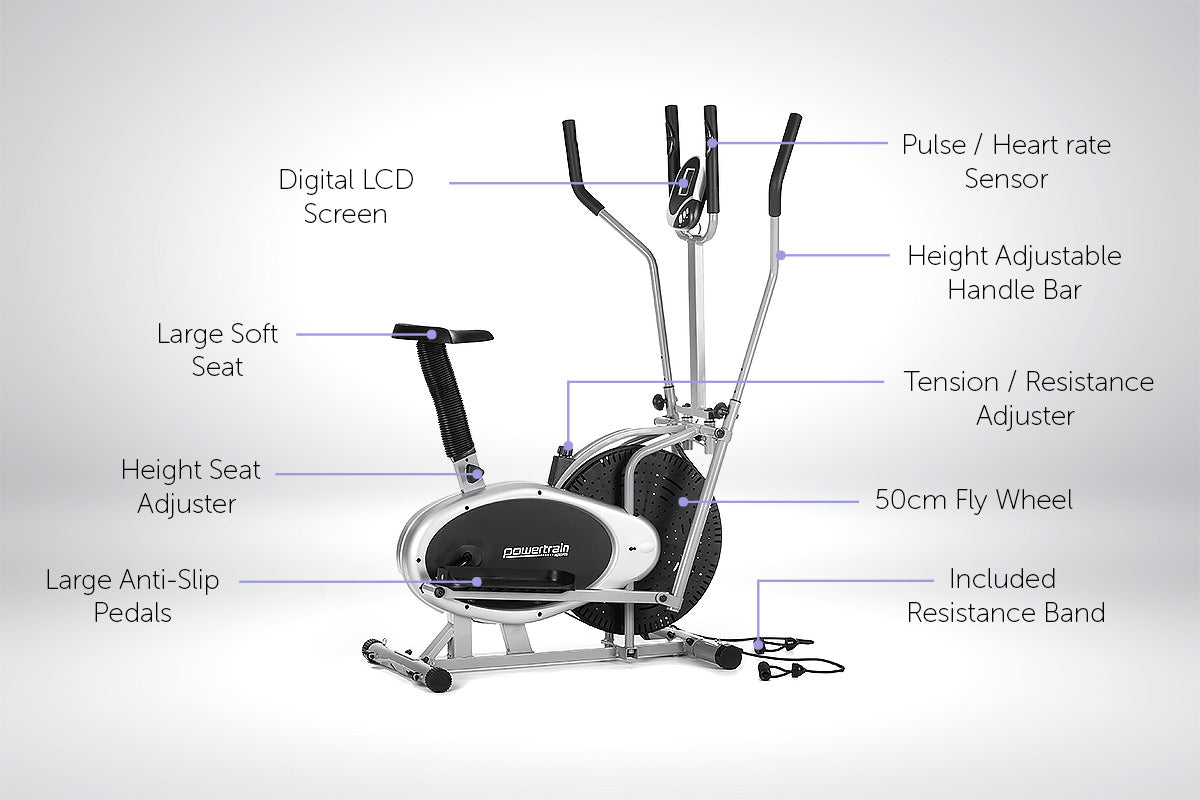 Powertrain 3-in-1 Elliptical Cross Trainer Exercise Bike with Resistance Bands