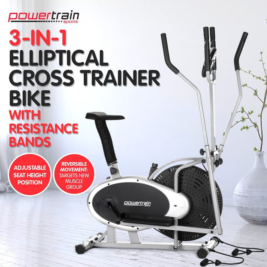 Powertrain 3-in-1 Elliptical Cross Trainer Exercise Bike with Resistance Bands