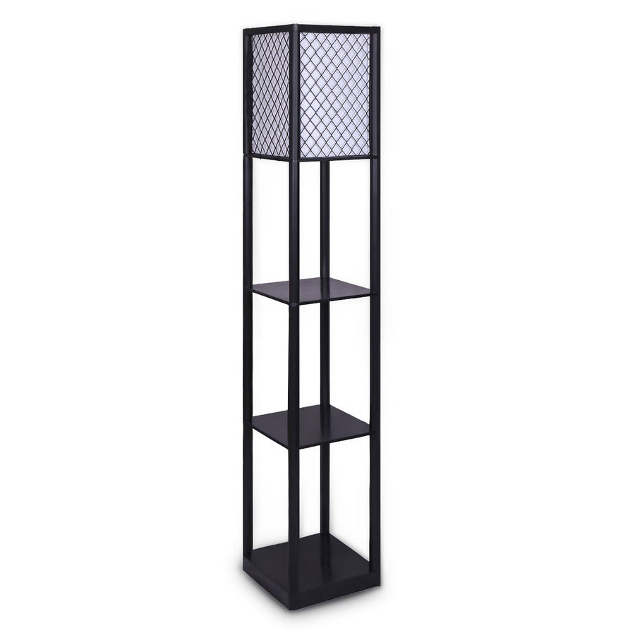 Sarantino Etagere Floor Lamp Diamond Look Fabric Shade Shelves Black