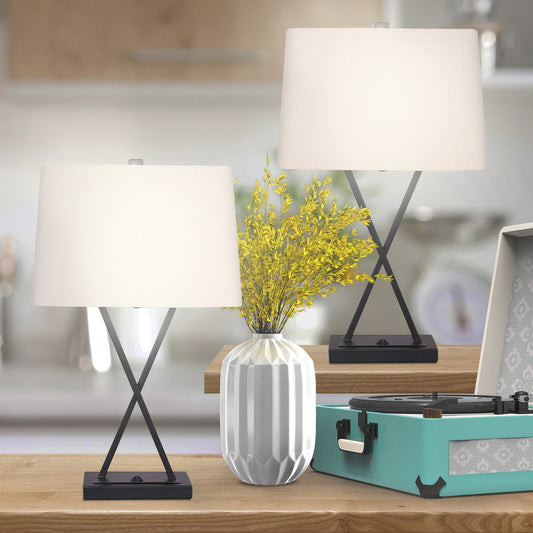Sarantino Metal Table Lamps-Linen Shade-Cross Frame Stand