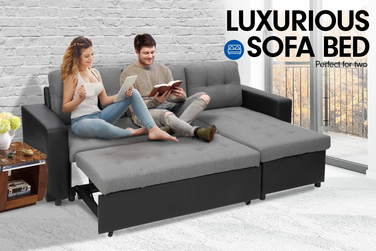 Sarantino 3-Seater Sofa Bed with Chaise Grey